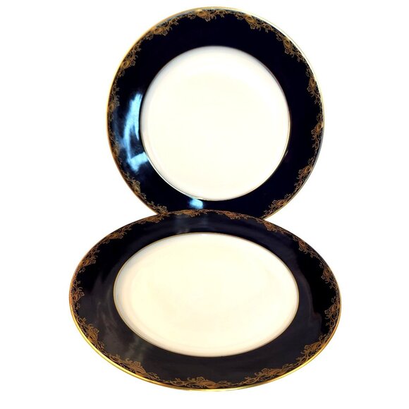 Rare Rosenthal Classic Rose Collection Salad Plates Navy & Gold Scroll Set of 2 - Picture 1 of 7